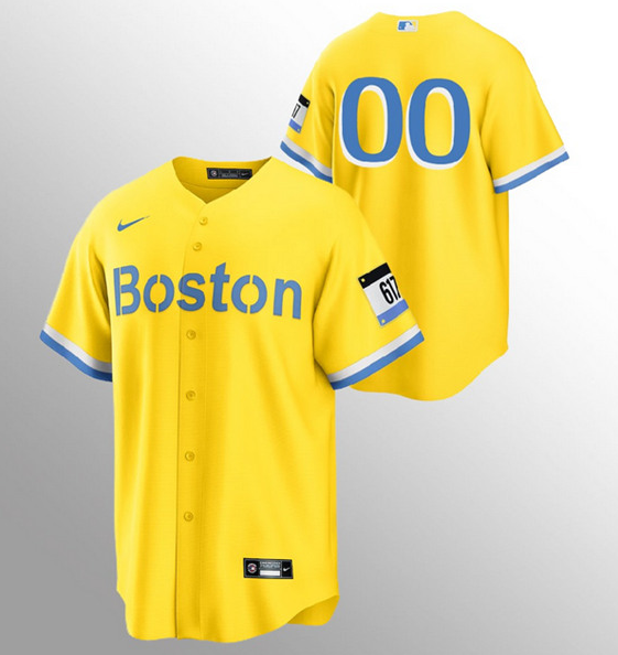 Men's Boston Red Sox Customized Gold Light Blue 2021 City Connect Stitched Jersey